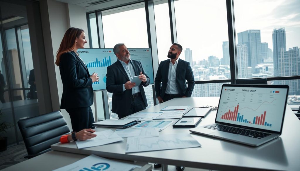 A professional workspace featuring a modern office setting filled with analytical tools. In the foreground, a diverse group of three professionals—one woman and two men—analyzing performance metrics on a large screen, dressed in smart business attire. In the middle, a sleek conference table scattered with documents, charts, and a laptop displaying graphs and data analytics. The background shows a large window with a cityscape view, indicating a metropolitan environment. Soft, natural light floods the room, creating an optimistic atmosphere. The overall mood is focused and collaborative, showcasing the theme of performance analysis and strategic adaptation, while the branding "UMALIS GROUP" subtly appears on the laptop screen.