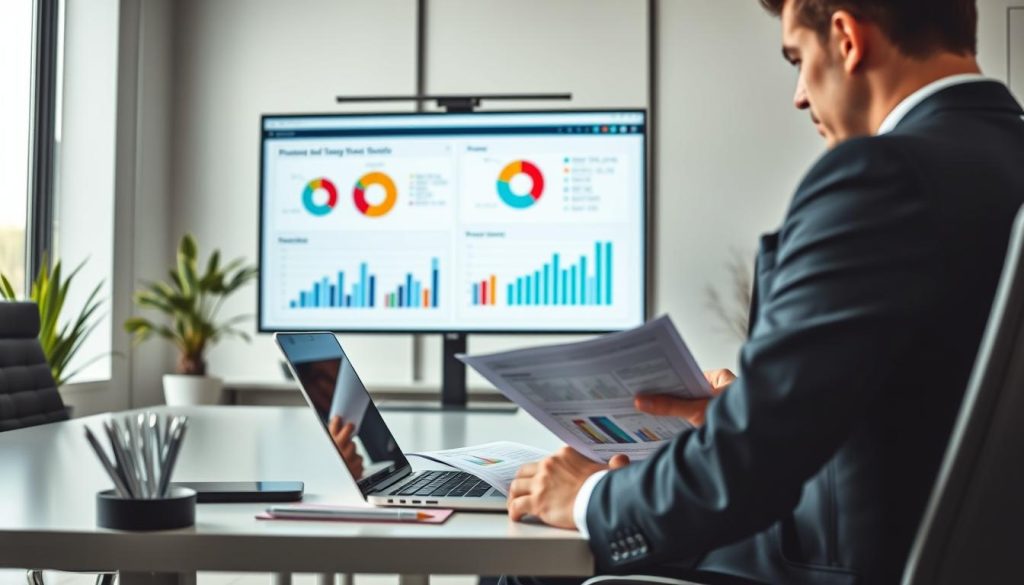 A professional workspace featuring a modern office setting, showcasing a financial advisor reviewing charts and graphs on a laptop. In the foreground, a well-dressed individual, wearing a business suit, is intently examining financial documents with a focused expression. In the middle ground, a large screen displays colorful pie charts and revenue projections. The background includes a sleek desk with stationery and a potted plant, giving a fresh and organized feel. Soft, natural light filters through large windows, creating an inviting atmosphere. Capture this scene from a slightly elevated angle to emphasize the professional environment and create a sense of depth and engagement in the topic of financial aspects in portage salarial. A professional workspace featuring a modern office setting, showcasing a financial advisor reviewing charts and graphs on a laptop. In the foreground, a well-dressed individual, wearing a business suit, is intently examining financial documents with a focused expression. In the middle ground, a large screen displays colorful pie charts and revenue projections. The background includes a sleek desk with stationery and a potted plant, giving a fresh and organized feel. Soft, natural light filters through large windows, creating an inviting atmosphere. Capture this scene from a slightly elevated angle to emphasize the professional environment and create a sense of depth and engagement in the topic of financial aspects in portage salarial.