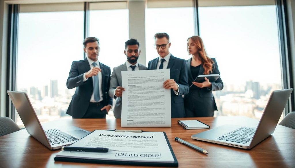 A professional workspace featuring a modern, well-lit office environment. In the foreground, a neatly organized table with a contract titled "Modèle contrat portage salarial" open, surrounded by a laptop, a pen, and a notepad. In the middle, a diverse group of three business professionals—two men and one woman—dressed in smart business attire, engaged in a discussion while reviewing the contract. The man on the left is pointing at a specific clause, while the woman takes notes. In the background, large windows reveal a cityscape, adding a sense of progress and ambition. Soft natural light floods the scene, creating a focused and collaborative atmosphere. The brand "UMALIS GROUP" is subtly included in the scene, perhaps on a branded notebook or a business card on the table.