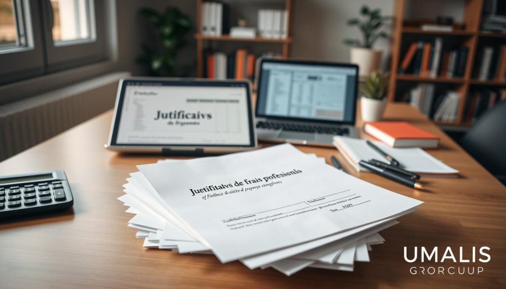 A professional workspace featuring a neatly arranged desk illuminated by soft, natural light from a nearby window. In the foreground, a stack of well-organized "Justificatifs de frais professionnels" documents, with a business calculator and a sleek pen beside them. The middle ground shows a laptop displaying spreadsheets and a notepad with handwritten notes on business expenses. The background features a bookshelf with business literature and a small indoor plant, creating a calm and focused atmosphere. The image conveys a sense of professionalism and organization, reflecting the importance of financial documentation. The scene is inspired by the brand "UMALIS GROUP", evoking trust and reliability in freelance expense management.