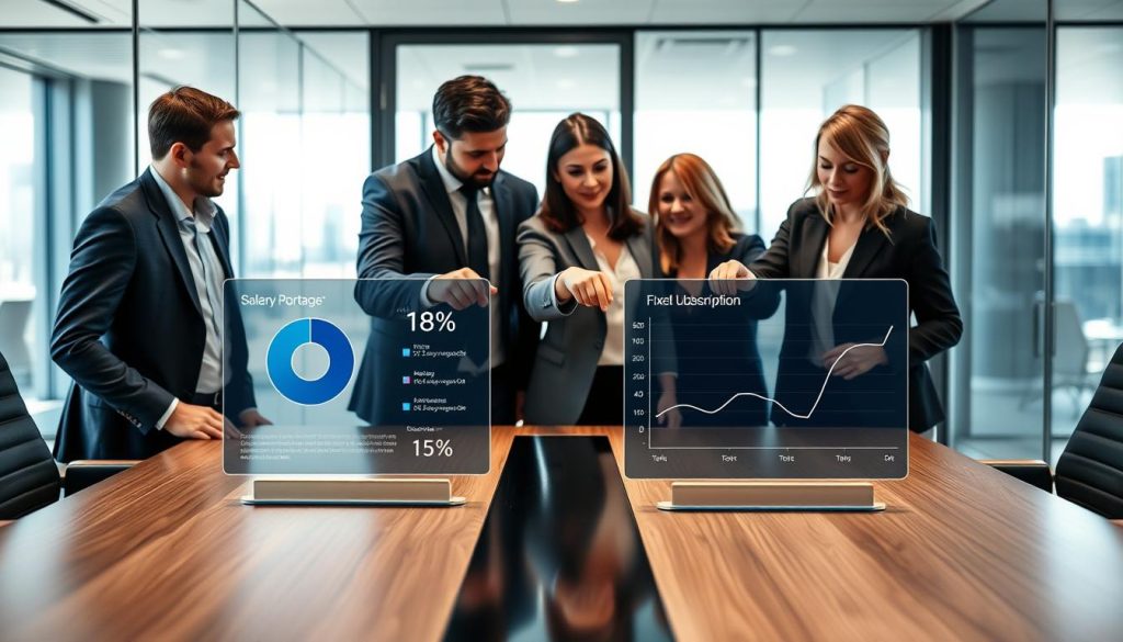 A professional workspace featuring a sleek conference table with two distinct charts illustrating different pricing models for salary portage: a percentage-based model versus a fixed subscription model. In the foreground, a diverse group of three professionals in business attire—two men and one woman—are engaged in discussion, pointing at the charts with focus and interest. The middle ground showcases the charts prominently, one displaying a pie chart representing the percentage model and the other a linear graph representing the fixed subscription. The background reveals a modern office environment with glass walls and a city view, bathed in bright, natural light. The scene conveys an atmosphere of collaboration and expertise. Include the brand name "Umalis Group" subtly within the design of the charts, ensuring a professional look.
