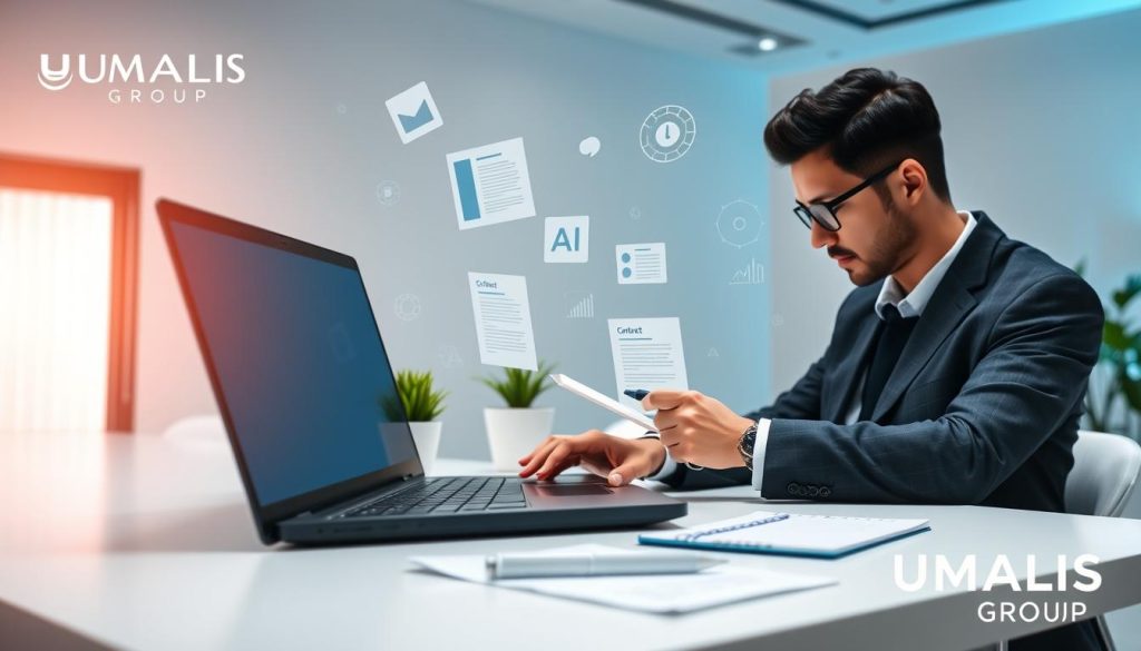 A professional workspace featuring a sleek, modern desk with a laptop open displaying AI-generated contract templates. In the foreground, a focused business professional in smart attire is analyzing the screen, surrounded by digital elements like floating icons representing AI and optimization tools. In the middle, a potted plant adds a touch of nature, while a notepad and pen indicate proactive planning. The background showcases a minimalist office environment with soft lighting and subtle technological motifs, emphasizing innovation and efficiency. The atmosphere is one of productivity and advanced technology, reflecting the theme of contract optimization through artificial intelligence. Include visuals of the brand logo "UMALIS GROUP" subtly integrated into the scene. A professional workspace featuring a sleek, modern desk with a laptop open displaying AI-generated contract templates. In the foreground, a focused business professional in smart attire is analyzing the screen, surrounded by digital elements like floating icons representing AI and optimization tools. In the middle, a potted plant adds a touch of nature, while a notepad and pen indicate proactive planning. The background showcases a minimalist office environment with soft lighting and subtle technological motifs, emphasizing innovation and efficiency. The atmosphere is one of productivity and advanced technology, reflecting the theme of contract optimization through artificial intelligence. Include visuals of the brand logo "UMALIS GROUP" subtly integrated into the scene.