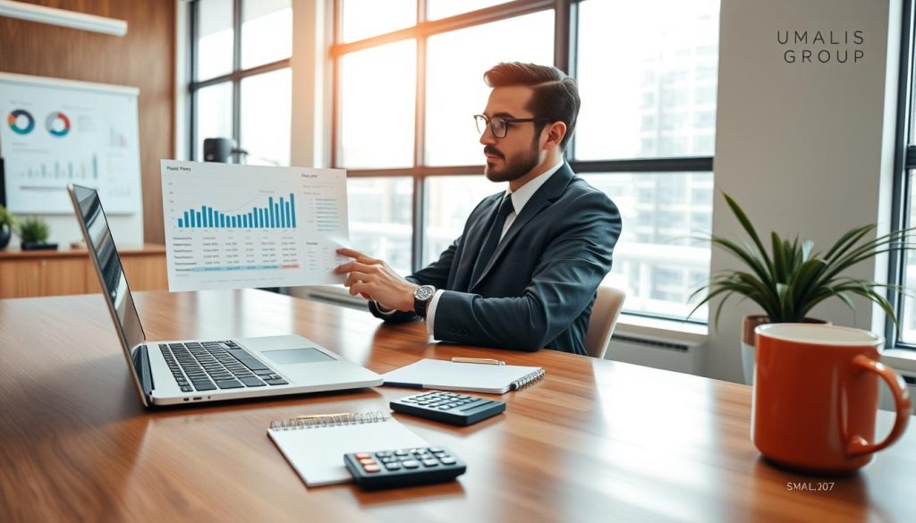 A professional workspace featuring a sleek wooden desk with a laptop open to a financial dashboard displaying calculations for daily rates and billable days. In the foreground, a confident business professional in business attire is analyzing charts and graphs, showcasing a focus on financial strategy. The middle ground includes a notepad, a calculator, and a coffee cup, adding to the atmosphere of productivity. The background features a large window with natural light streaming in, creating a bright and energizing ambiance. The overall mood is one of professionalism and clarity, emphasizing the methodical approach to calculating daily rates in a modern business context. Include elements representing the brand "UMALIS GROUP" subtly integrated into the workspace design. A professional workspace featuring a sleek wooden desk with a laptop open to a financial dashboard displaying calculations for daily rates and billable days. In the foreground, a confident business professional in business attire is analyzing charts and graphs, showcasing a focus on financial strategy. The middle ground includes a notepad, a calculator, and a coffee cup, adding to the atmosphere of productivity. The background features a large window with natural light streaming in, creating a bright and energizing ambiance. The overall mood is one of professionalism and clarity, emphasizing the methodical approach to calculating daily rates in a modern business context. Include elements representing the brand "UMALIS GROUP" subtly integrated into the workspace design.