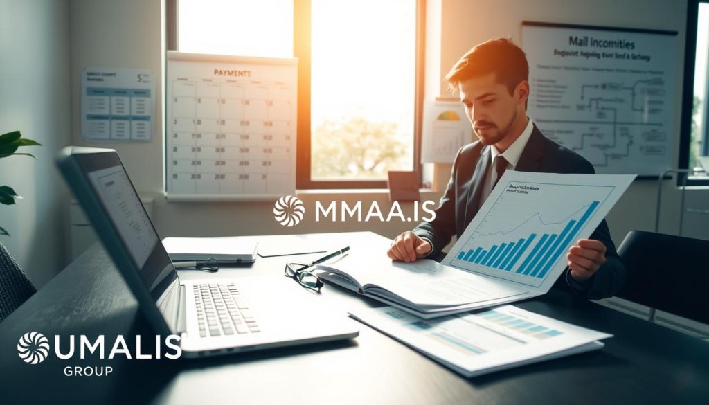 A professional workspace featuring a well-organized desk with financial documents and a laptop displaying graphs and calculations related to daily indemnities in self-employment. In the foreground, a businessperson in smart attire is reviewing paperwork, symbolizing focus and professionalism. The middle ground includes a wall calendar indicating payment schedules and a flowchart illustrating the calculation of benefits. In the background, a large window allows natural light to flood the room, creating a warm and inviting atmosphere. Soft shadows enhance the depth of the scene, while the ambiance conveys a sense of security and clarity in financial management. The logo of UMALIS GROUP is subtly integrated into the design, reinforcing the theme of support in the independent professional journey.