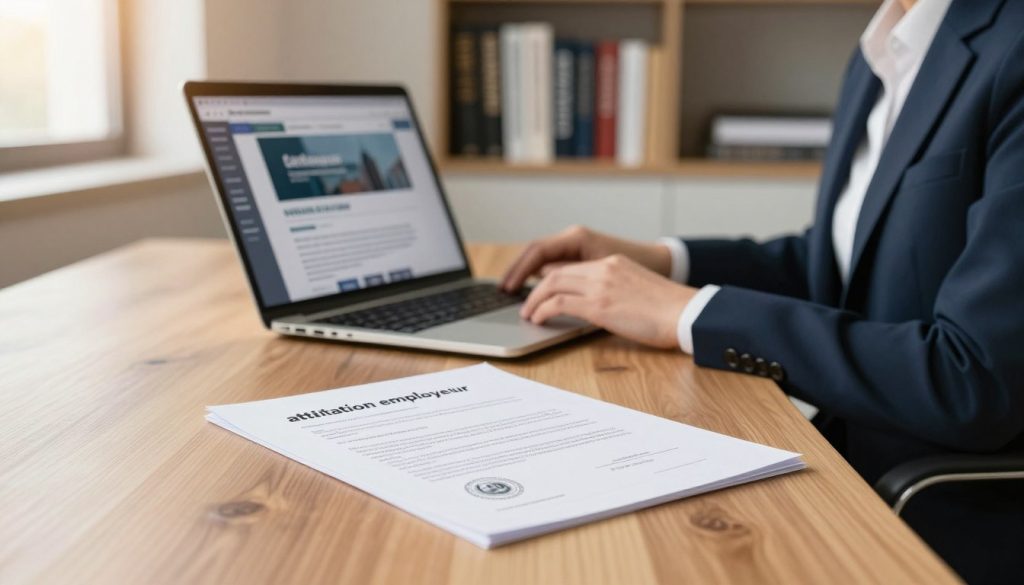 A professional workspace featuring an "attestation employeur" document prominently displayed on a sleek wooden desk. In the foreground, an elegant, well-organized document with neat text and an official seal, symbolizing employment verification. In the middle ground, a laptop open with a PDF viewer displaying a section of a job search website. Professional business attire is present, as a figure sits in a modern office chair, possibly reviewing the document; they are dressed in a smart suit. The background showcases a bookshelf filled with industry-related texts and a soft-lit window casting a warm glow, creating a learned and inviting atmosphere. The lighting is bright yet soft, enhancing the professionalism without harsh contrasts. A professional workspace featuring an "attestation employeur" document prominently displayed on a sleek wooden desk. In the foreground, an elegant, well-organized document with neat text and an official seal, symbolizing employment verification. In the middle ground, a laptop open with a PDF viewer displaying a section of a job search website. Professional business attire is present, as a figure sits in a modern office chair, possibly reviewing the document; they are dressed in a smart suit. The background showcases a bookshelf filled with industry-related texts and a soft-lit window casting a warm glow, creating a learned and inviting atmosphere. The lighting is bright yet soft, enhancing the professionalism without harsh contrasts.