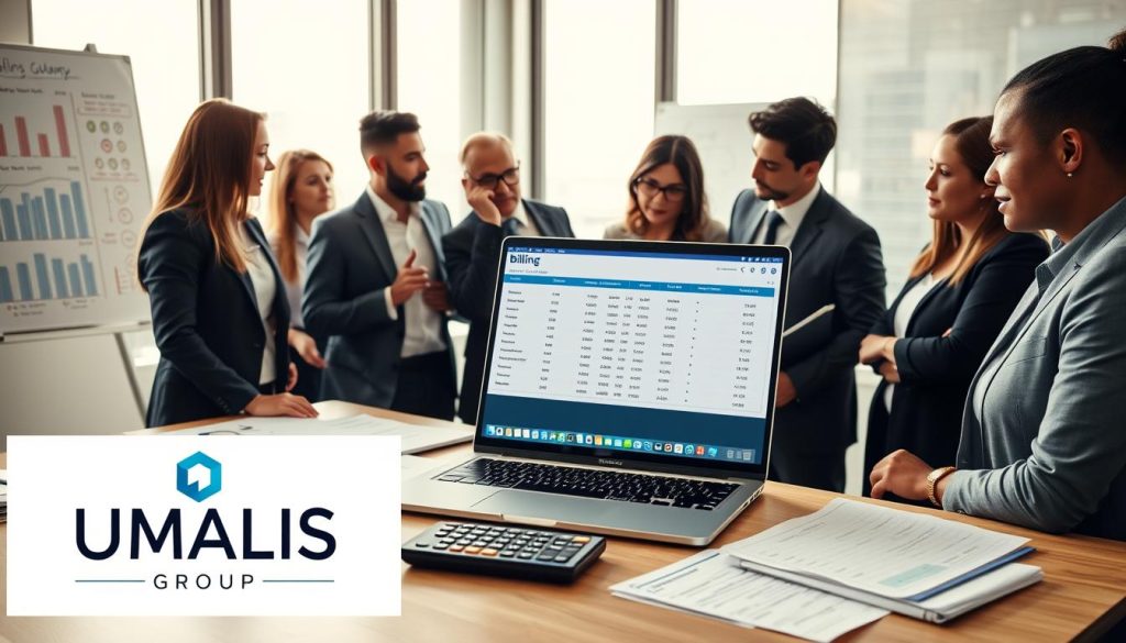 A professional workspace featuring an organized desk with a modern laptop displaying a billing software interface, surrounded by documents and a calculator. In the foreground, a diverse group of professionals in business attire, intently discussing the billing process, with one pointing at the laptop screen. The middle ground includes a large window letting in natural light, illuminating the room, with a view of a city skyline. In the background, a whiteboard with charts and notes relevant to salary portage and invoicing. The atmosphere is focused and dynamic, conveying collaboration and efficiency. The logo of "UMALIS GROUP" is subtly incorporated into the scene, enhancing the professional tone without overpowering the image. High-quality with soft lighting, shot at a slight angle to capture the depth of the workspace. A professional workspace featuring an organized desk with a modern laptop displaying a billing software interface, surrounded by documents and a calculator. In the foreground, a diverse group of professionals in business attire, intently discussing the billing process, with one pointing at the laptop screen. The middle ground includes a large window letting in natural light, illuminating the room, with a view of a city skyline. In the background, a whiteboard with charts and notes relevant to salary portage and invoicing. The atmosphere is focused and dynamic, conveying collaboration and efficiency. The logo of "UMALIS GROUP" is subtly incorporated into the scene, enhancing the professional tone without overpowering the image. High-quality with soft lighting, shot at a slight angle to capture the depth of the workspace.