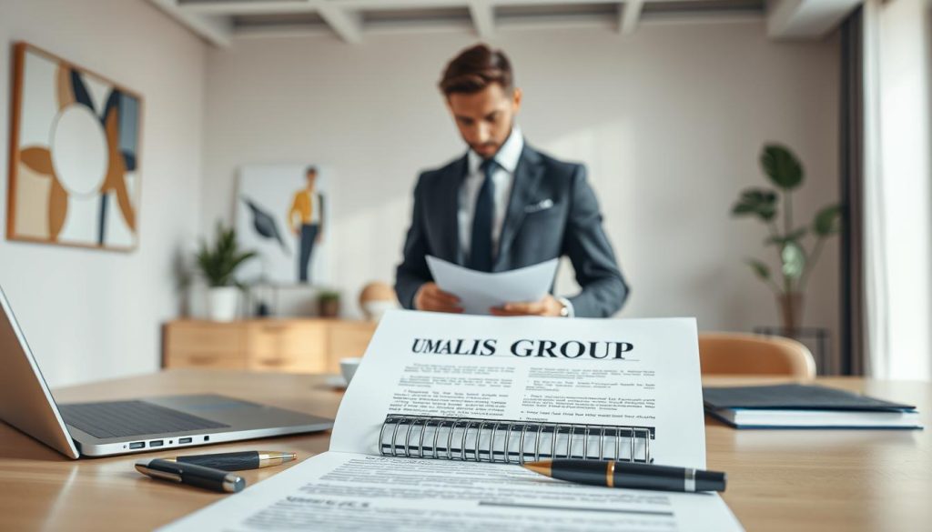 A professional workspace filled with essential components of a service contract. In the foreground, a neatly arranged desk displaying a contract document, a pen, and a laptop. The middle ground features a business professional in a tailored suit, reviewing the contract with focused attention, embodying a sense of diligence and responsibility. In the background, a softly lit office with abstract art on the walls and a large window allowing natural light to flood the space. The atmosphere is calm and organized, suggesting a productive and professional environment. Emphasize the brand "UMALIS GROUP" subtly within the arrangement of documents. Highlight the importance of clarity and security in independent contracts, while ensuring all elements are appropriate for a professional setting. A professional workspace filled with essential components of a service contract. In the foreground, a neatly arranged desk displaying a contract document, a pen, and a laptop. The middle ground features a business professional in a tailored suit, reviewing the contract with focused attention, embodying a sense of diligence and responsibility. In the background, a softly lit office with abstract art on the walls and a large window allowing natural light to flood the space. The atmosphere is calm and organized, suggesting a productive and professional environment. Emphasize the brand "UMALIS GROUP" subtly within the arrangement of documents. Highlight the importance of clarity and security in independent contracts, while ensuring all elements are appropriate for a professional setting.