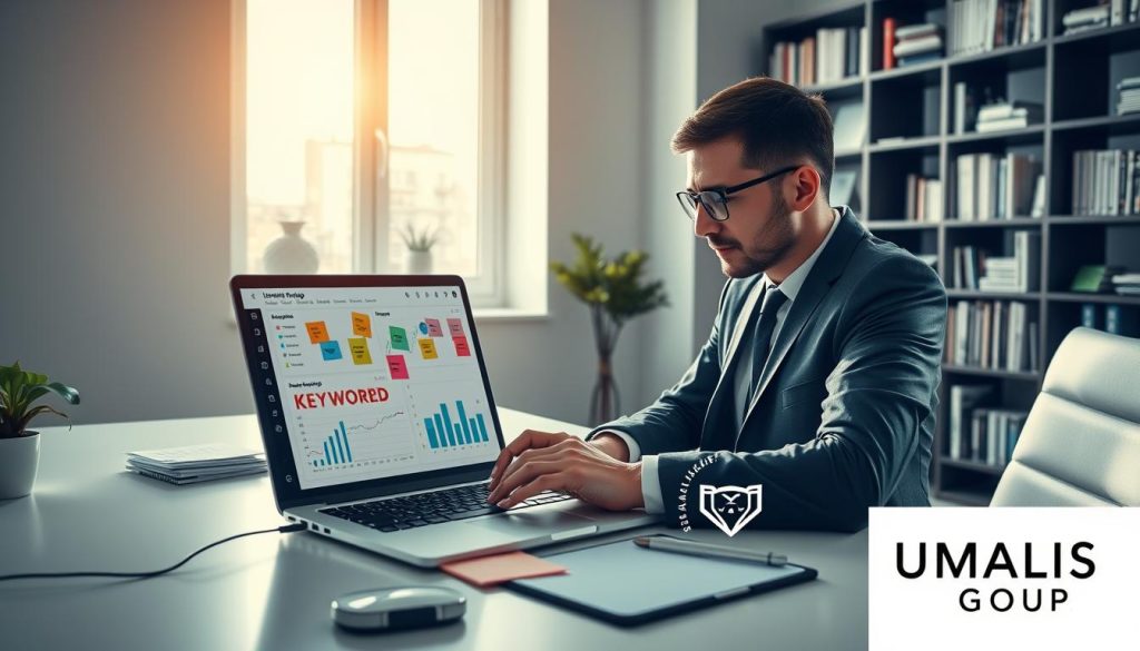 A professional workspace focused on SEO keyword research, featuring a sleek desk with a laptop open to a keyword analytics tool. In the foreground, a well-dressed individual wearing a smart business outfit is typing thoughtfully, surrounded by colorful sticky notes, charts, and graphs illustrating keyword performance. In the middle ground, a large window allows soft, natural light to flood the room, casting gentle shadows. The background highlights a minimalist bookshelf filled with business and marketing books, enhancing the atmosphere of professionalism and focus. The overall mood is one of creativity and productivity. An emblem of "UMALIS GROUP" subtly placed in the scene, without any text or captions.