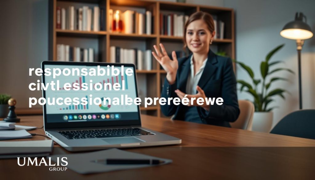 A professional workspace highlighting "responsabilité civile professionnelle" for freelancers. In the foreground, a neatly arranged desk with a laptop displaying graphs and data, alongside a notepad and a pen. In the middle ground, a confident freelancer, a woman in professional business attire, gestures while explaining something to a laptop screen as if in a video call. In the background, a bookshelf filled with business books and a potted plant adds a touch of nature. Soft, ambient lighting creates a warm, inviting atmosphere with a hint of professionalism. The scene reflects a sense of security and responsibility towards one's professional obligations. The brand name "UMALIS GROUP" subtly integrated into the design elements, reinforcing the focus on professional liability insurance solutions.