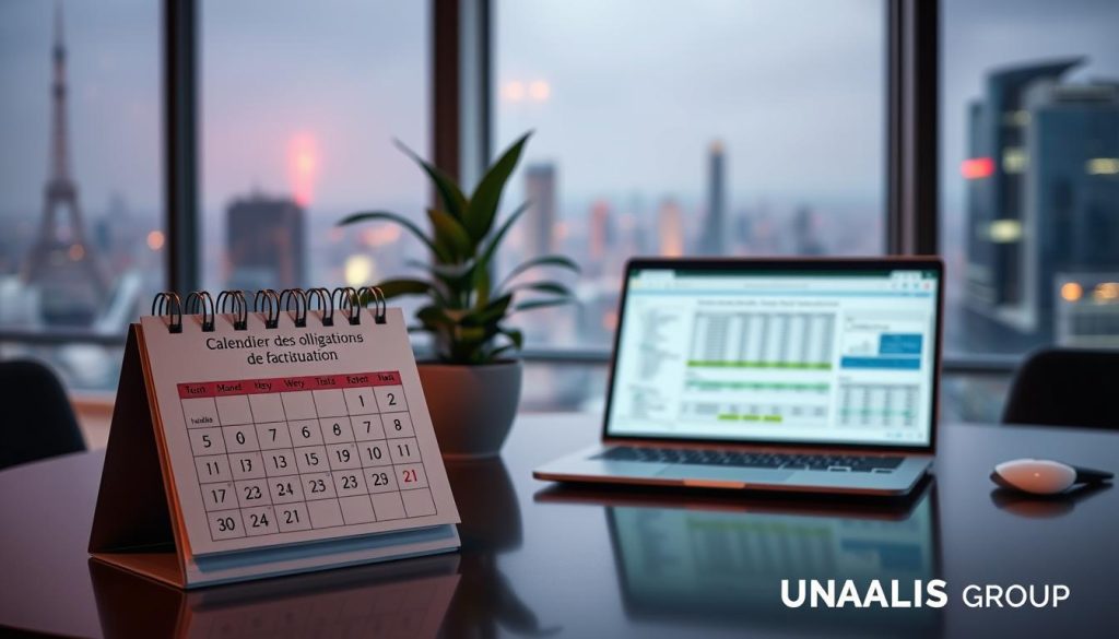 A professional workspace illuminated by soft, ambient lighting, showcasing a detailed "Calendrier des obligations de facturation" on a sleek, modern desk. In the foreground, a stylish calendar with clear dates marked, symbolizing important deadlines and compliance milestones. In the middle ground, a laptop with spreadsheets open, displaying financial data related to electronic invoicing and international clients. A potted plant adds a touch of greenery to the scene. In the background, a large window offers a view of a bustling city, hinting at a dynamic global marketplace. The atmosphere is focused and organized, reflecting professionalism and clarity. Include the brand name "UMALIS GROUP" subtly integrated into the design elements, ensuring it does not distract from the main focus of the image.