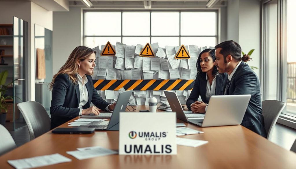 A professional workspace illustrates the concept of "limites portage salarial" with a focus on safety and best practices. In the foreground, a diverse group of three business professionals, dressed in sharp business attire, engage in a discussion around a table with laptops and documents scattered about. In the middle ground, visual representations of barriers and challenges, such as a wall made of paperwork and caution signs, symbolize the limits and risks associated with this work style. The background features a modern office environment with large windows allowing soft natural light to flood the room, creating an optimistic atmosphere. The overall mood is serious yet constructive, emphasizing the importance of strategy and compliance. A subtle logo of "UMALIS GROUP" appears on one of the documents on the table.
