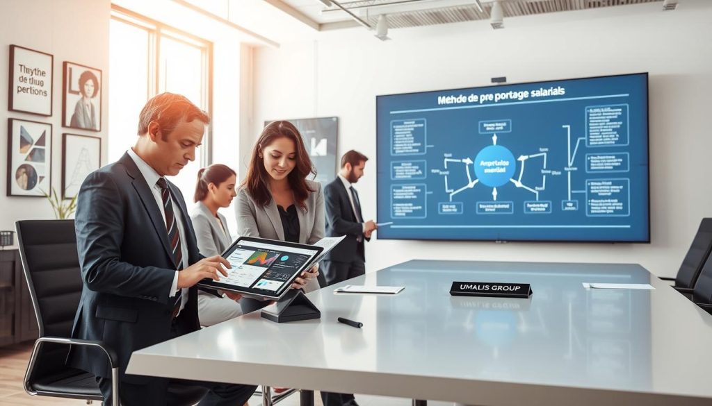 A professional workspace illustrating "Méthode de prospection en portage salarial", with a diverse team of business professionals collaborating around a modern conference table. In the foreground, a woman in a smart business suit examines a digital tablet displaying data analytics, while a man beside her takes notes. The middle ground features a large screen showing an AI algorithm flowchart, symbolizing the integration of AI in the prospecting method. The background shows a bright, well-lit office with motivational artwork on the walls and large windows letting in natural light, promoting a productive atmosphere. The image reflects innovation, teamwork, and the modern digital landscape in a business setting. The brand “UMALIS GROUP” is subtly integrated into the design of the digital tablet.