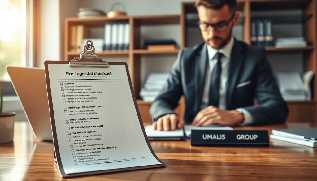 A professional workspace illustrating a pre-start checklist for "Portage salarial" in France. In the foreground, a close-up of a clipboard featuring a detailed checklist with items such as legal verification, financial details, and work authorization. The clipboard is placed on a glossy wooden desk alongside a laptop displaying a spreadsheet. In the middle, a well-dressed business professional, wearing a tailored suit, reviews the checklist intently, embodying a sense of focus and diligence. In the background, soft-focus shelves filled with legal books and financial documents provide context. Natural sunlight streams through a nearby window, casting a warm glow, creating a productive and organized atmosphere. The image subtly incorporates the brand name "Umalis Group" on a desk plate.