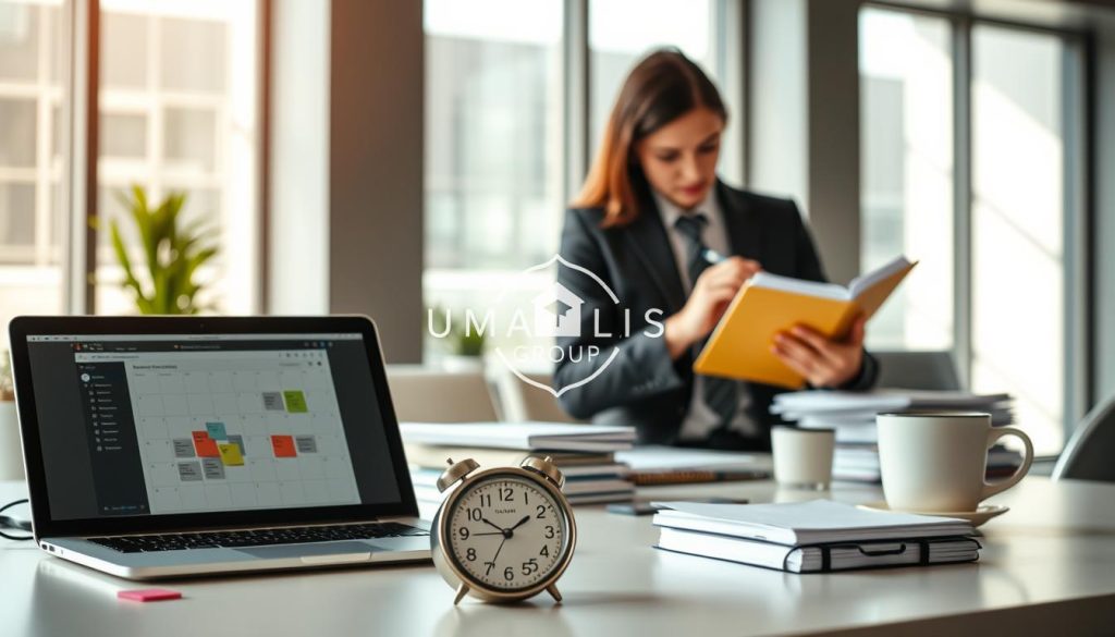 A professional workspace illustrating effective time management strategies in a portage salarial context. In the foreground, a neatly organized desk with a laptop displaying a calendar app, some colorful sticky notes, and a stylish clock. In the middle ground, a focused individual in business attire, actively writing in a planner, surrounded by neatly stacked papers and a coffee cup. The background shows a bright, modern office with a large window allowing natural light to stream in, casting soft shadows. The mood is productive and motivational, emphasizing clarity and organization. A subtle logo of "UMALIS GROUP" can be subtly integrated into the design elements of the workspace, enhancing the professional atmosphere. A professional workspace illustrating effective time management strategies in a portage salarial context. In the foreground, a neatly organized desk with a laptop displaying a calendar app, some colorful sticky notes, and a stylish clock. In the middle ground, a focused individual in business attire, actively writing in a planner, surrounded by neatly stacked papers and a coffee cup. The background shows a bright, modern office with a large window allowing natural light to stream in, casting soft shadows. The mood is productive and motivational, emphasizing clarity and organization. A subtle logo of "UMALIS GROUP" can be subtly integrated into the design elements of the workspace, enhancing the professional atmosphere.
