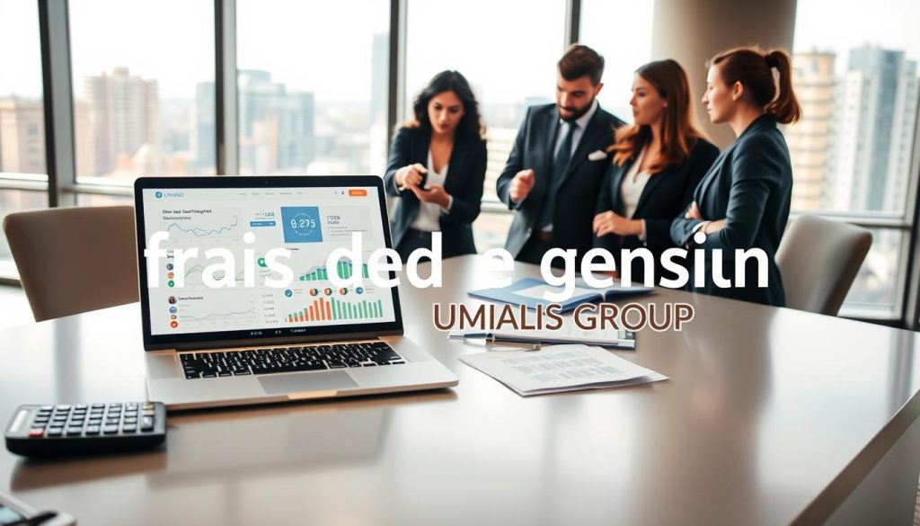 A professional workspace illustrating "frais de gestion," with a focus on financial management for freelancers. In the foreground, a sleek modern desk includes a laptop displaying charts and graphs, alongside documents and a calculator. In the middle, a diverse group of professionals, dressed in smart business attire, engage in discussion—pointing at the laptop screen. The background features a well-lit office, with large windows showcasing a cityscape, signifying a bustling environment. Soft, natural lighting enhances a productive atmosphere, while a warm color palette creates a sense of professionalism and focus. Include the brand name "UMALIS GROUP" subtly integrated within the office environment, reflecting a corporate vibe.