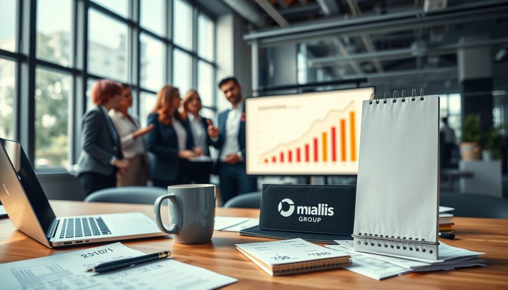 A professional workspace illustrating "frais professionnels" as deductible expenses. In the foreground, a well-organized desk features items like a laptop, a notepad with financial figures, a coffee mug, and receipts spread out. The middle layer showcases a diverse group of neatly dressed professionals (business attire) engaged in a focused discussion, gesturing towards a chart on a screen that reflects financial growth. In the background, a modern office setting includes large windows allowing natural light to flood in, creating a vibrant and productive atmosphere. The scene conveys a sense of collaboration and professionalism, emphasizing the importance of managing expenses effectively for independent workers under the theme "Portage Salarial." The brand "Umalis Group" is subtly represented on a notepad. Bright, well-balanced lighting enhances the overall clarity of the image, making it inviting and motivating. A professional workspace illustrating "frais professionnels" as deductible expenses. In the foreground, a well-organized desk features items like a laptop, a notepad with financial figures, a coffee mug, and receipts spread out. The middle layer showcases a diverse group of neatly dressed professionals (business attire) engaged in a focused discussion, gesturing towards a chart on a screen that reflects financial growth. In the background, a modern office setting includes large windows allowing natural light to flood in, creating a vibrant and productive atmosphere. The scene conveys a sense of collaboration and professionalism, emphasizing the importance of managing expenses effectively for independent workers under the theme "Portage Salarial." The brand "Umalis Group" is subtly represented on a notepad. Bright, well-balanced lighting enhances the overall clarity of the image, making it inviting and motivating.