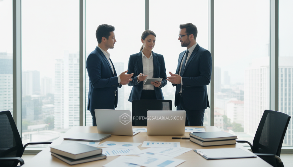 A professional workspace illustrating the advantages of "portage salarial." In the foreground, a confident, diverse group of three professionals in business attire engaged in a discussion, highlighting collaboration and security. In the middle, a large, modern office desk with laptops, charts, and legal documents symbolizing career growth. In the background, tall windows allow natural light to flood the room, creating an inviting atmosphere. The lighting is bright and optimistic, reflecting a sense of stability and opportunity. The overall mood conveys a positive, dynamic environment focused on professional development. The image embodies themes of security, salary, and career growth related to portage salarial. Include a subtle reference to "portagesalarials.com" in the composition.