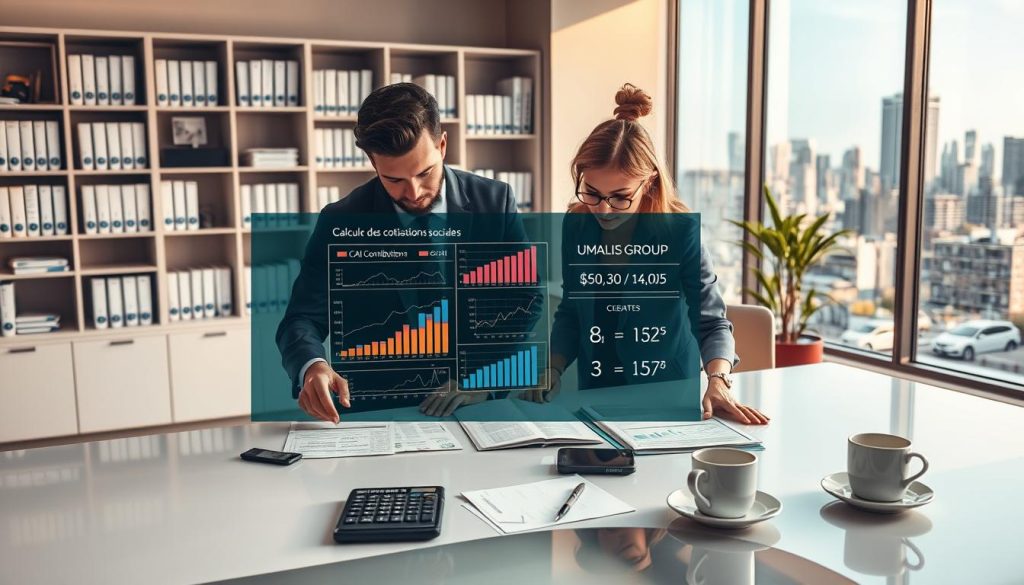 A professional workspace illustrating the concept of "Calcul des cotisations sociales." In the foreground, a diverse group of two professionals, one male and one female, both in business attire, closely examining documents and financial reports on a sleek modern desk. The middle ground features a large, interactive digital display showing graphs and calculations related to social contributions, alongside a calculator and coffee cups for a casual touch. The background presents a well-organized office with bookshelves filled with financial books and a window offering a view of a city skyline, bathed in warm natural light. The atmosphere is collaborative and focused, promoting clarity and understanding in the process of calculating social contributions. Include subtle branding elements for UMALIS GROUP on the digital display.