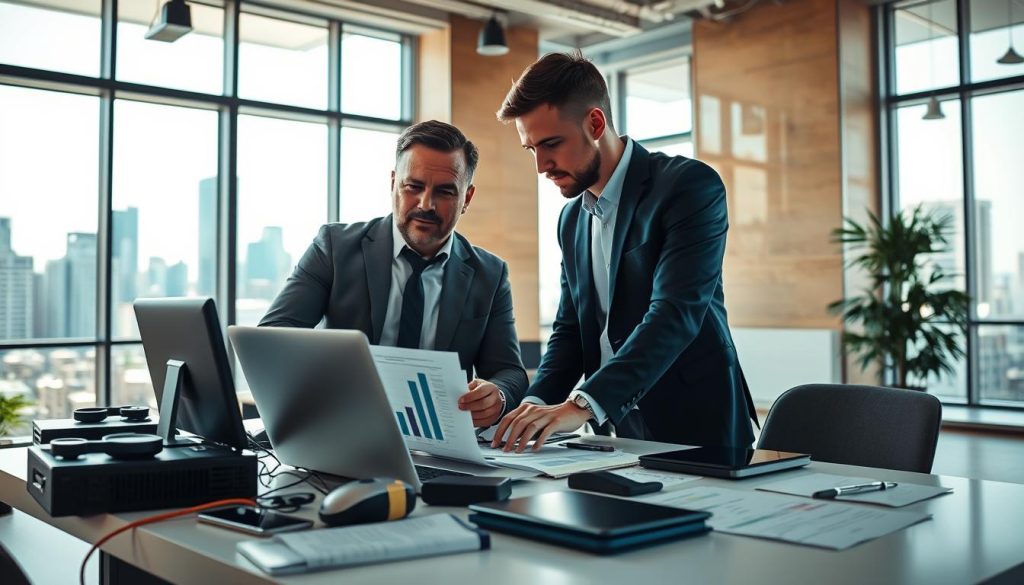 A professional workspace illustrating the concept of "Fonctionnement du portage salarial TJM facturation" in the field of information technology. In the foreground, a group of two engineers in professional attire, discussing and analyzing charts on a laptop, showcasing collaboration and planning. The middle ground features a clutter-free desk with tech gadgets, invoices, and documents that represent project management and billing. To the background, a large window reveals a modern city skyline, symbolizing success and opportunity in the tech industry. Bright, natural lighting floods the scene, creating an optimistic and productive atmosphere. The image should be captured from a slightly elevated angle to add depth and context while maintaining a clean and professional aesthetic.