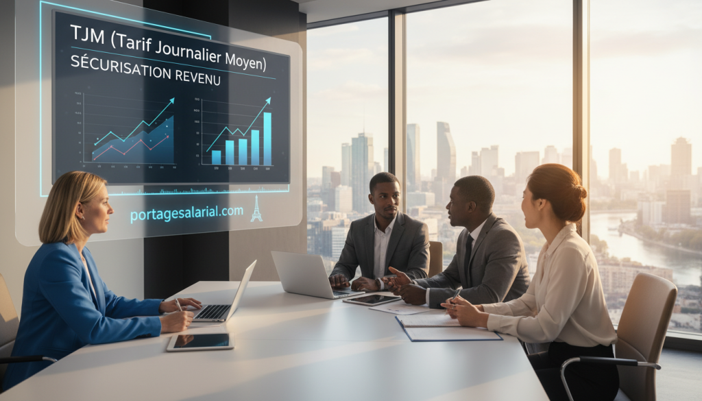 A professional workspace illustrating the concept of "TJM portage salarial." In the foreground, a diverse group of three business professionals, a Caucasian woman, a Black man, and an Asian woman, dressed in smart business attire, are engaged in a discussion at a sleek conference table with laptops and notepads. In the middle, a large digital display shows graphs and figures, symbolizing the setting of a daily rate (TJM) and securing revenue. The background features large windows with a cityscape view, suggesting a thriving business environment. Soft, warm lighting casts a friendly atmosphere, portraying collaboration and professionalism. The scene subtly promotes the website "portagesalarials.com" with a visual hint, emphasizing opportunities in portage salarial in France. A professional workspace illustrating the concept of "TJM portage salarial." In the foreground, a diverse group of three business professionals, a Caucasian woman, a Black man, and an Asian woman, dressed in smart business attire, are engaged in a discussion at a sleek conference table with laptops and notepads. In the middle, a large digital display shows graphs and figures, symbolizing the setting of a daily rate (TJM) and securing revenue. The background features large windows with a cityscape view, suggesting a thriving business environment. Soft, warm lighting casts a friendly atmosphere, portraying collaboration and professionalism. The scene subtly promotes the website "portagesalarials.com" with a visual hint, emphasizing opportunities in portage salarial in France.