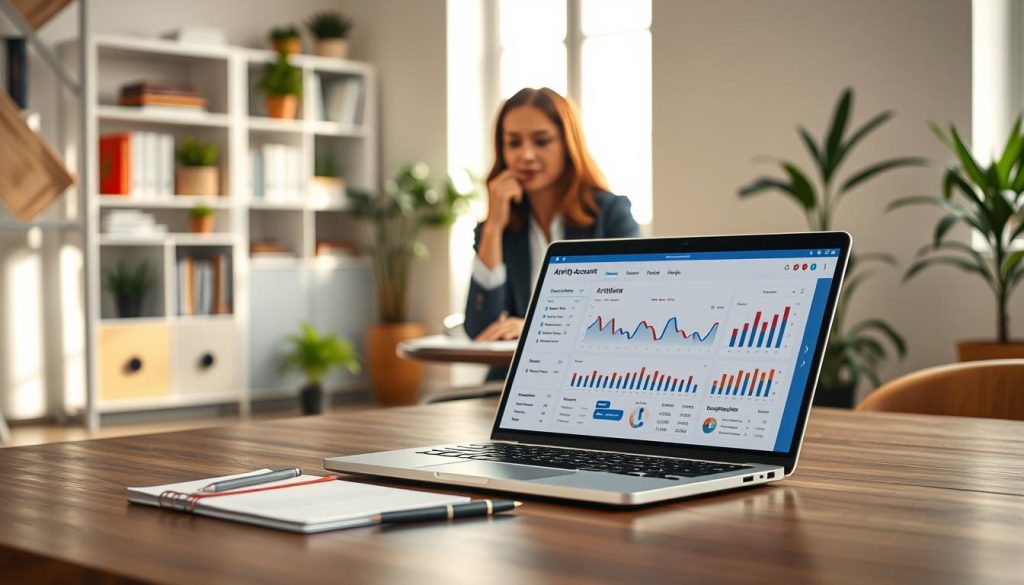 A professional workspace illustrating the concept of "activity account management" in portage salarial. In the foreground, a desk with an open laptop displaying a colorful dashboard with graphs and charts related to freelance earnings. A notepad and a pen lie next to the laptop, emphasizing organization. In the middle ground, a focused businesswoman in smart casual attire, analyzing the data on the laptop, with a thoughtful expression. The background features a softly lit office with shelves of books and plants, creating a calm and productive atmosphere. Natural light filters in through a window, casting gentle shadows. The overall mood is one of professionalism, clarity, and dedication to financial management. A professional workspace illustrating the concept of "activity account management" in portage salarial. In the foreground, a desk with an open laptop displaying a colorful dashboard with graphs and charts related to freelance earnings. A notepad and a pen lie next to the laptop, emphasizing organization. In the middle ground, a focused businesswoman in smart casual attire, analyzing the data on the laptop, with a thoughtful expression. The background features a softly lit office with shelves of books and plants, creating a calm and productive atmosphere. Natural light filters in through a window, casting gentle shadows. The overall mood is one of professionalism, clarity, and dedication to financial management.