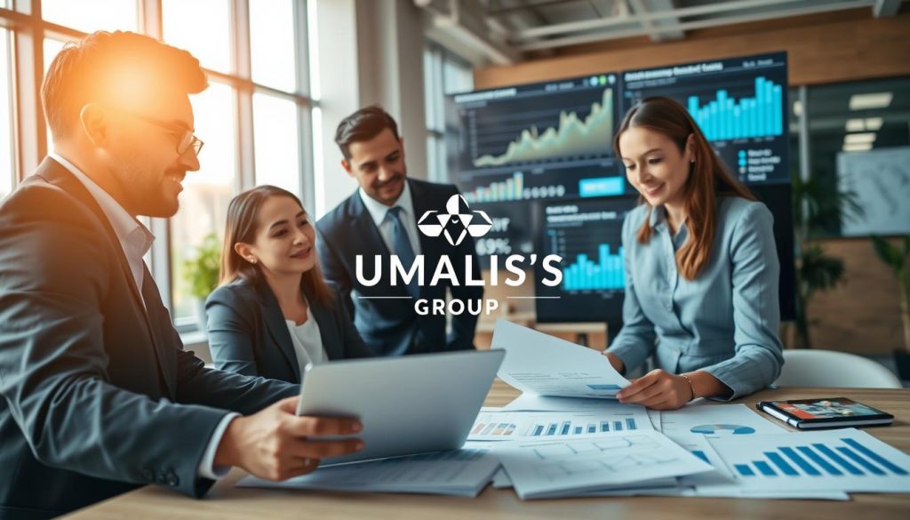 A professional workspace illustrating the concept of calculating profitability in salary portage. In the foreground, a diverse group of three individuals, dressed in professional business attire, are engaged in a discussion over financial documents and a laptop, depicting a collaborative atmosphere. The middle layer features a modern office setup with graphs and charts displayed on screens, showing profitability metrics and calculations. The background reveals a bright and airy office environment with large windows letting in natural light, creating a warm and inviting atmosphere. The overall mood is focused yet optimistic, emphasizing clarity and teamwork. Include the brand logo "UMALIS GROUP" subtly on one of the documents or a screen in the scene, enhancing the professionalism of the image.