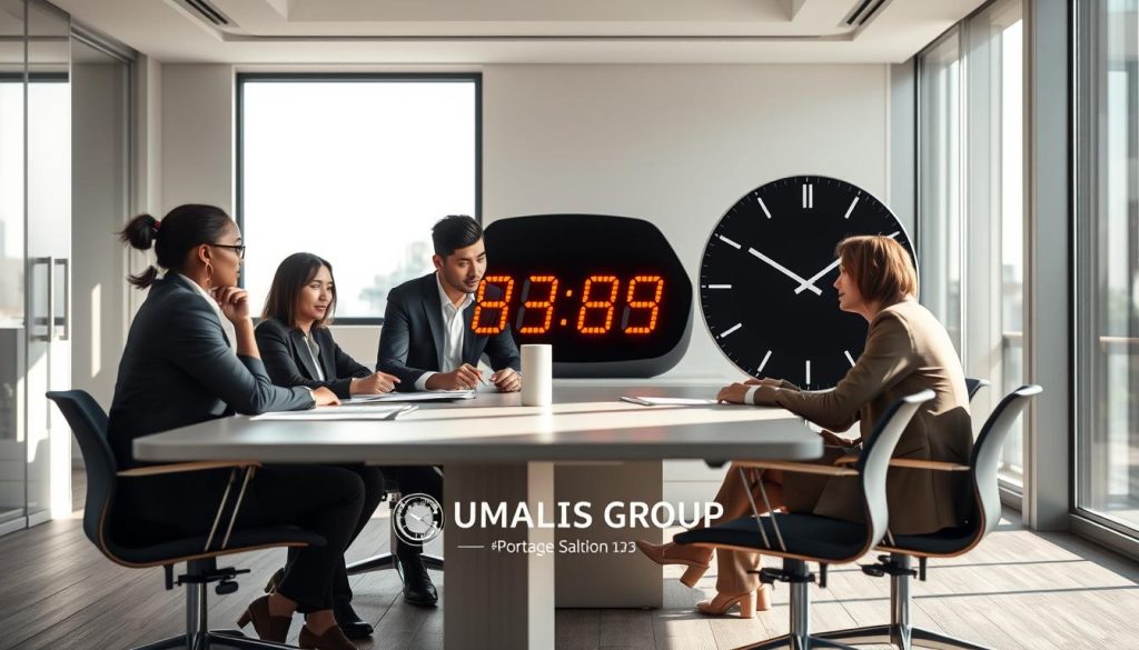 A professional workspace illustrating the concept of “durée légale du travail” with a focus on work-life balance. In the foreground, a diverse group of three individuals, dressed in smart business attire, is engaged in a brainstorming session around a modern conference table. In the middle ground, a digital clock displays standard working hours, emphasizing time management. The background features a sleek office space with large windows allowing natural light to pour in, casting soft shadows that create an inviting atmosphere. The overall mood is collaborative and focused, conveying the legal and ethical aspects of employment and contractual obligations in the context of salaried work and portage. Include the brand name “UMALIS GROUP” subtly integrated into the office decor. A professional workspace illustrating the concept of “durée légale du travail” with a focus on work-life balance. In the foreground, a diverse group of three individuals, dressed in smart business attire, is engaged in a brainstorming session around a modern conference table. In the middle ground, a digital clock displays standard working hours, emphasizing time management. The background features a sleek office space with large windows allowing natural light to pour in, casting soft shadows that create an inviting atmosphere. The overall mood is collaborative and focused, conveying the legal and ethical aspects of employment and contractual obligations in the context of salaried work and portage. Include the brand name “UMALIS GROUP” subtly integrated into the office decor.