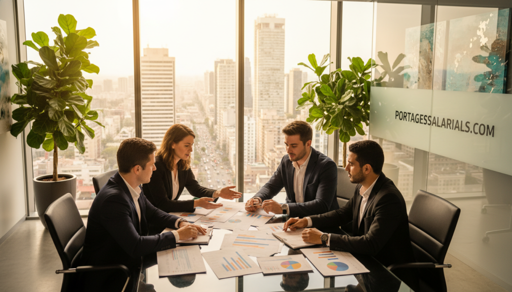 A professional workspace illustrating the concept of "entreprise portage". In the foreground, a diverse group of professionals in business attire—two men and two women—are engaged in a discussion around a conference table, examining charts and documents. In the middle ground, a large window offers a panoramic view of a bustling city skyline, with bright daylight streaming in, creating a vibrant atmosphere. The background features modern office decor, including potted plants and abstract art, lending an air of professionalism. The lighting is warm and inviting, captured from a slightly elevated angle to enhance the dynamic interaction among the individuals. This image encapsulates the themes of teamwork and success in freelancing, promoting the website portagesalarials.com.