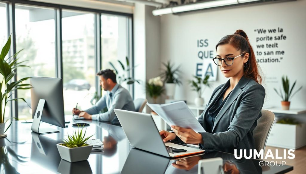 A professional workspace illustrating the concept of "exercer portage salarial" with a focus on safety and good practices. In the foreground, a confident businesswoman in professional attire sits at a sleek desk, reviewing documents on her laptop with a notepad beside her, embodying productivity and professionalism. In the middle ground, a man in smart casual attire is engaged in a video call on his computer, looking focused and engaged. The background features a modern office setting with large windows, letting in natural light that creates a warm and inviting atmosphere. The room is adorned with motivational quotes and plants, enhancing a sense of growth and stability. Include the brand name "UMALIS GROUP" subtly integrated into the office decor. The overall mood conveys confidence, safety, and professionalism. A professional workspace illustrating the concept of "exercer portage salarial" with a focus on safety and good practices. In the foreground, a confident businesswoman in professional attire sits at a sleek desk, reviewing documents on her laptop with a notepad beside her, embodying productivity and professionalism. In the middle ground, a man in smart casual attire is engaged in a video call on his computer, looking focused and engaged. The background features a modern office setting with large windows, letting in natural light that creates a warm and inviting atmosphere. The room is adorned with motivational quotes and plants, enhancing a sense of growth and stability. Include the brand name "UMALIS GROUP" subtly integrated into the office decor. The overall mood conveys confidence, safety, and professionalism.
