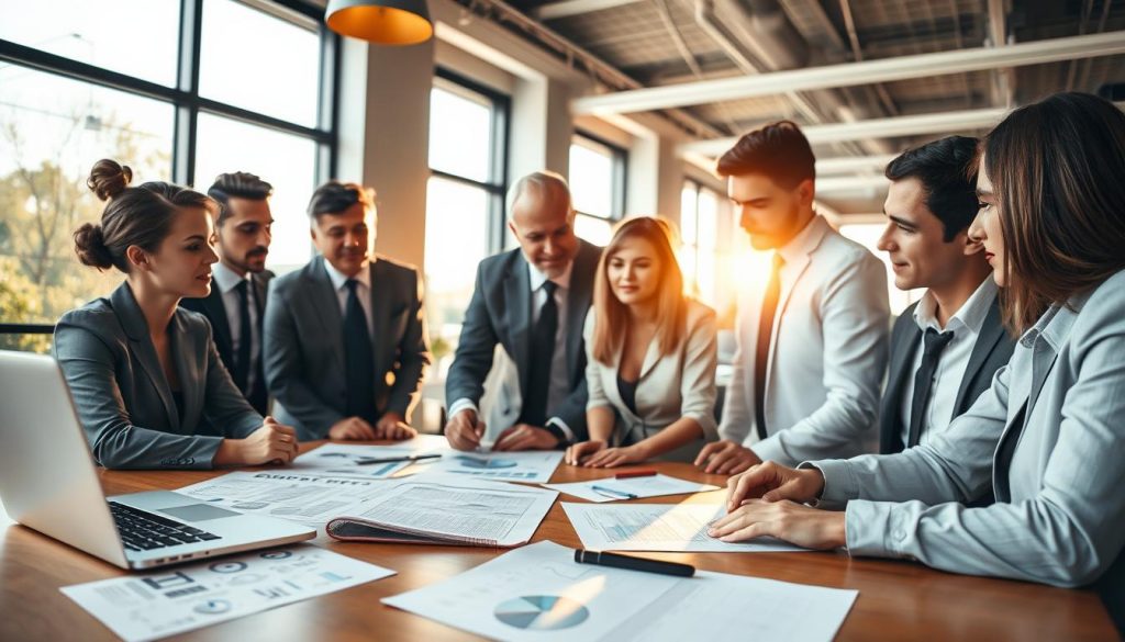 A professional workspace illustrating the concept of "lien subordination contrat de travail." In the foreground, a diverse group of business people in professional attire, deep in discussion around a table, with a contract visibly displayed, emphasizing the differences between independent workers and employees. In the middle ground, a sleek laptop and scattered documents show graphs and diagrams. The background features a modern office with large windows that let in warm sunlight, casting soft shadows. The lighting is bright yet inviting, creating a focused atmosphere. The image conveys professionalism and clarity, capturing the essence of work relationships. Include the brand name "UMALIS GROUP" subtly in the scene, perhaps on a document or business card.