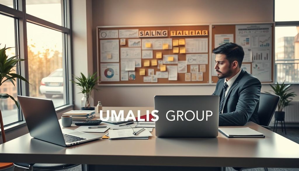 A professional workspace illustrating the concept of optimizing professional expense deductions in the context of portage salarial. In the foreground, a well-dressed professional (male or female) sits at a sleek desk filled with financial documents, a laptop, and a calculator, deeply focused on analyzing data. The middle ground showcases an organized bulletin board with charts, graphs, and post-it notes reflecting financial strategies. The background features a modern office environment, with large windows allowing warm, natural light to pour in, enhanced by soft shadows for depth. The atmosphere is calm and productive, conveying professionalism and success. Prominently displayed on the desk is the brand name "UMALIS GROUP," stylishly integrated into the scene.