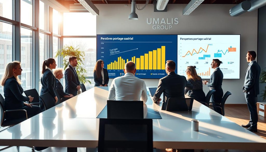 A professional workspace illustrating the concept of "perspectives portage salarial." In the foreground, depict a group of diverse professionals dressed in business attire engaged in a dynamic discussion around a modern conference table, highlighting collaboration and innovation. In the middle ground, showcase a large digital screen displaying graphs and projections related to portage salarial trends, with the brand name "UMALIS GROUP" prominently featured. The background features a bright, contemporary office with large windows allowing natural light to flood the space, creating an inviting atmosphere. Use a wide-angle lens to capture the depth of the scene, with soft, warm lighting that enhances a positive and forward-looking mood. The overall composition should reflect professionalism, collaboration, and the evolving landscape of employment models.