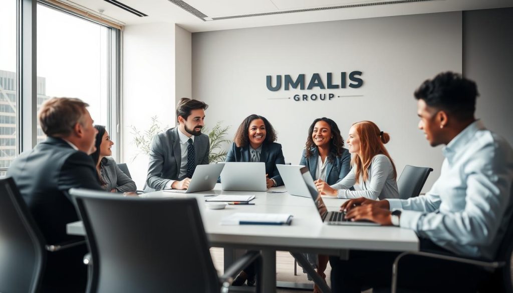 A professional workspace illustrating the concept of "portage salarial" and social protection for freelancers. In the foreground, a diverse group of four individuals dressed in professional business attire, engaged in a lively discussion around a modern conference table, with laptops and documents visible. The middle ground showcases a well-organized office environment, featuring a large window letting in soft, natural light, creating a warm and inviting atmosphere. In the background, a minimalist design element with subtle branding of "UMALIS GROUP" on a wall, symbolizing security and support. The overall mood is collaborative and optimistic, emphasizing the advantages of social protection for independent workers. Use a slight depth of field to focus on the group while softly blurring the background.