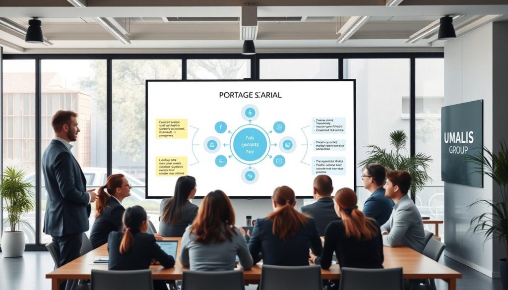 A professional workspace illustrating the concept of "portage salarial" in France. In the foreground, a diverse group of business professionals in business attire engage in discussion around a conference table. The middle ground features a large screen showing graphical representations of roles and activities relevant to portage salarial, emphasizing collaboration and clear structures. The background includes a modern office with large windows allowing natural light to filter in, highlighting a productive atmosphere. The mood is focused and energetic, symbolizing the growth and dynamics of the workforce. The branding "UMALIS GROUP" is subtly integrated into the environment, perhaps on a wall or digital screen. The scene captures the essence of professional employment arrangements in a contemporary setting.