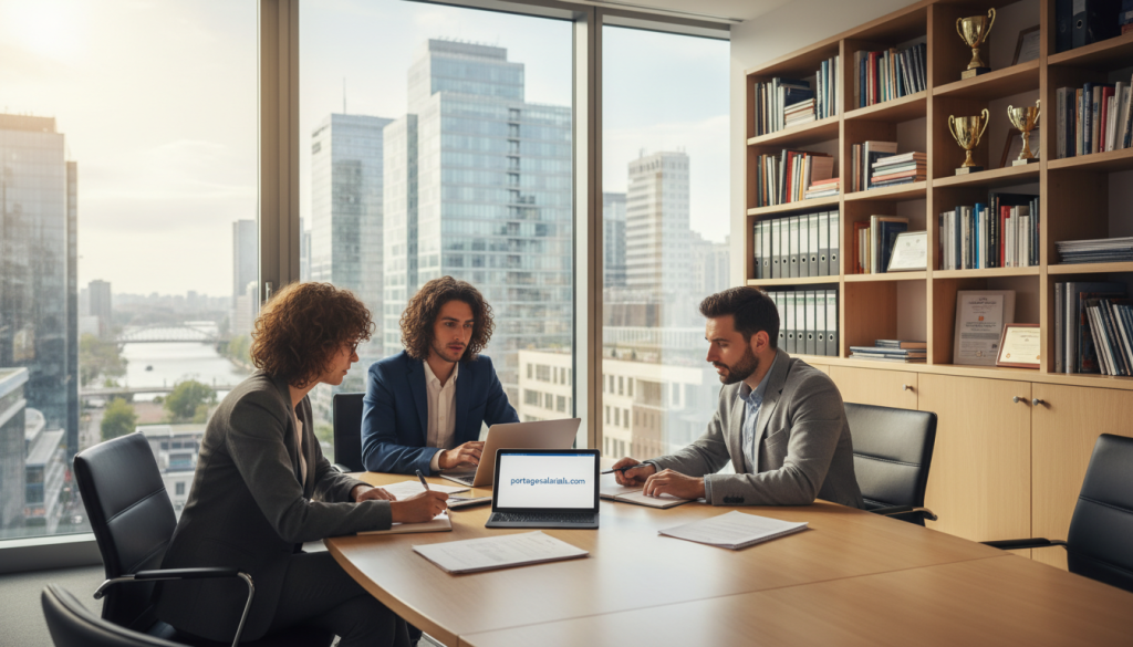 A professional workspace illustrating the concept of "portage salarial" in a harmonious blend of salaried and independent work life. In the foreground, a diverse group of three professionals in smart business attire—one woman and two men—collaborate around a sleek conference table laden with laptops and documents, symbolizing teamwork and autonomy. In the middle ground, a large window offers a view of a modern city skyline, showcasing the energy of urban life and career opportunities. The background features shelves filled with books and business awards, enhancing the professional atmosphere. Soft, natural lighting filters through the window, creating a warm, optimistic mood. Capture this dynamic setting with a focus on teamwork, balance, and professional growth. Promote the website "portagesalarials.com" subtly integrated into the scene.