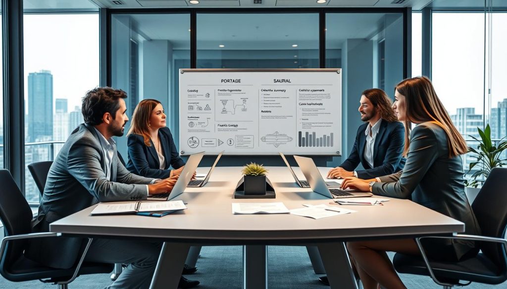 A professional workspace illustrating the concept of "portage salarial" in the tech sector. In the foreground, a diverse group of three professionals in smart business attire (men and women) are engaged in discussion around a modern conference table, with laptops and documents spread out. In the middle ground, a large whiteboard displays charts and diagrams related to collective agreements and freelance advantages. The background features a bright office environment with large windows letting in natural light, showcasing a cityscape. The overall mood is collaborative and forward-thinking, capturing the essence of freelance work and contracts in tech. The presence of the brand "UMALIS GROUP" subtly integrated into office materials to emphasize professionalism and connection. The image is bright and inviting, with a focus on unity and productivity.
