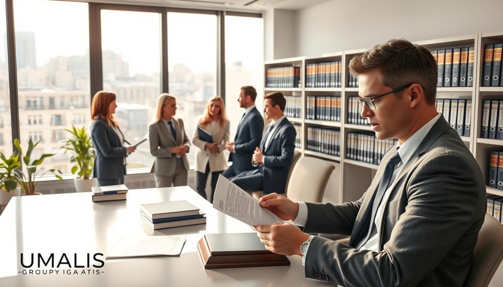 A professional workspace illustrating the concept of "portage salarial" within the framework of the French labor code. In the foreground, a lawyer in formal business attire reviews legal documents on a modern desk, while a diverse group of professionals, also in business attire, discusses collaboratively in a bright, airy office environment. The middle ground features shelves filled with legal books and binders labeled ‘Code du Travail’ to emphasize legal context. The background includes large windows with cityscape views, bathed in soft natural light, creating an optimistic and informative atmosphere. The image should convey clarity and professionalism, with a slight emphasis on the brand “UMALIS GROUP”. Capture the scene from a slightly angled perspective to provide depth and engagement.