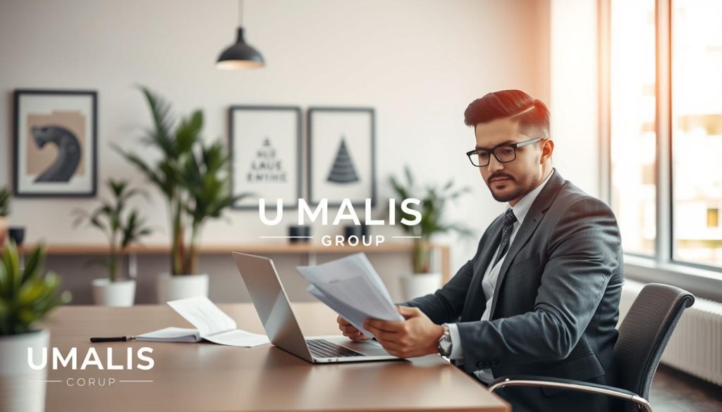 A professional workspace illustrating the concept of "portage salarial." In the foreground, a confident professional in smart business attire sits at a modern desk, analyzing reports and working on a laptop. In the middle ground, there's a sleek, minimalist office environment with plants and inspirational artwork on the walls, suggesting a productive atmosphere. The background features a large window with soft, natural light pouring in, creating a warm and inviting vibe. The overall mood is one of motivation and success, emphasizing the benefits of independent work life. The brand name "UMALIS GROUP" appears subtly integrated into the workspace decor, reflecting professionalism. Use a warm color palette with a soft focus lens effect to enhance the inviting atmosphere.