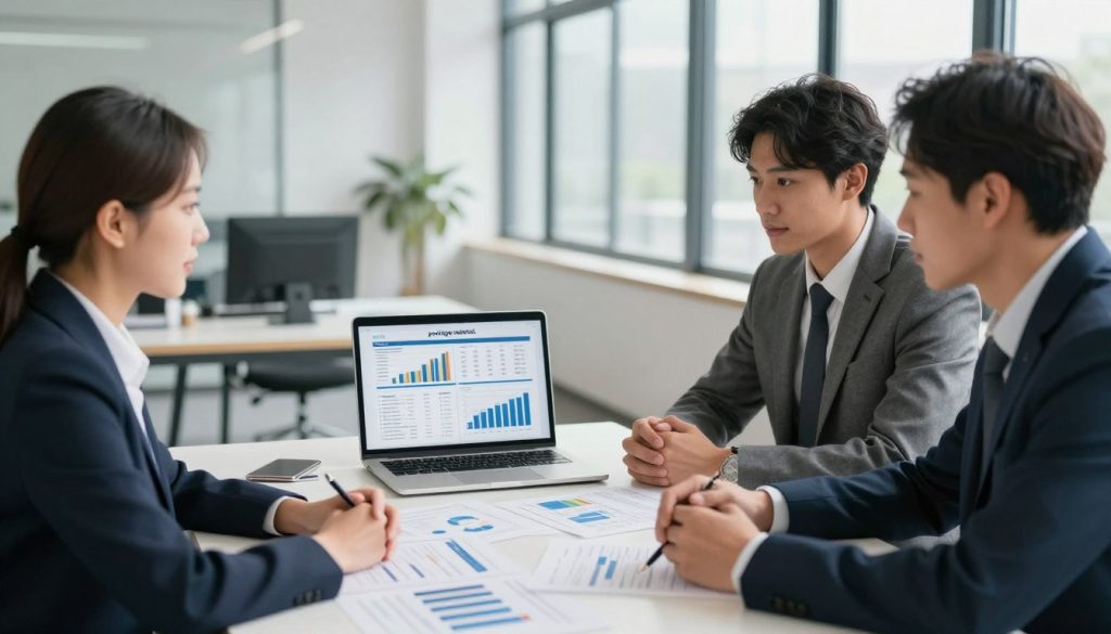 A professional workspace illustrating the concept of "portage salarial." In the foreground, a diverse group of three business professionals in smart attire—one female and two males—are engaged in a discussion around a table covered with charts and financial documents. The middle layer features a laptop displaying graphs and tax forms, symbolizing the fiscal aspects of portage salarial. In the background, a modern office setting with large windows allows natural light to flood the room, casting soft shadows. The atmosphere is collaborative and focused, emphasizing professionalism and clarity in fiscal responsibilities. The overall mood is insightful and productive, capturing the essence of understanding financial differences in employment statuses without any text or distractions. A professional workspace illustrating the concept of "portage salarial." In the foreground, a diverse group of three business professionals in smart attire—one female and two males—are engaged in a discussion around a table covered with charts and financial documents. The middle layer features a laptop displaying graphs and tax forms, symbolizing the fiscal aspects of portage salarial. In the background, a modern office setting with large windows allows natural light to flood the room, casting soft shadows. The atmosphere is collaborative and focused, emphasizing professionalism and clarity in fiscal responsibilities. The overall mood is insightful and productive, capturing the essence of understanding financial differences in employment statuses without any text or distractions.