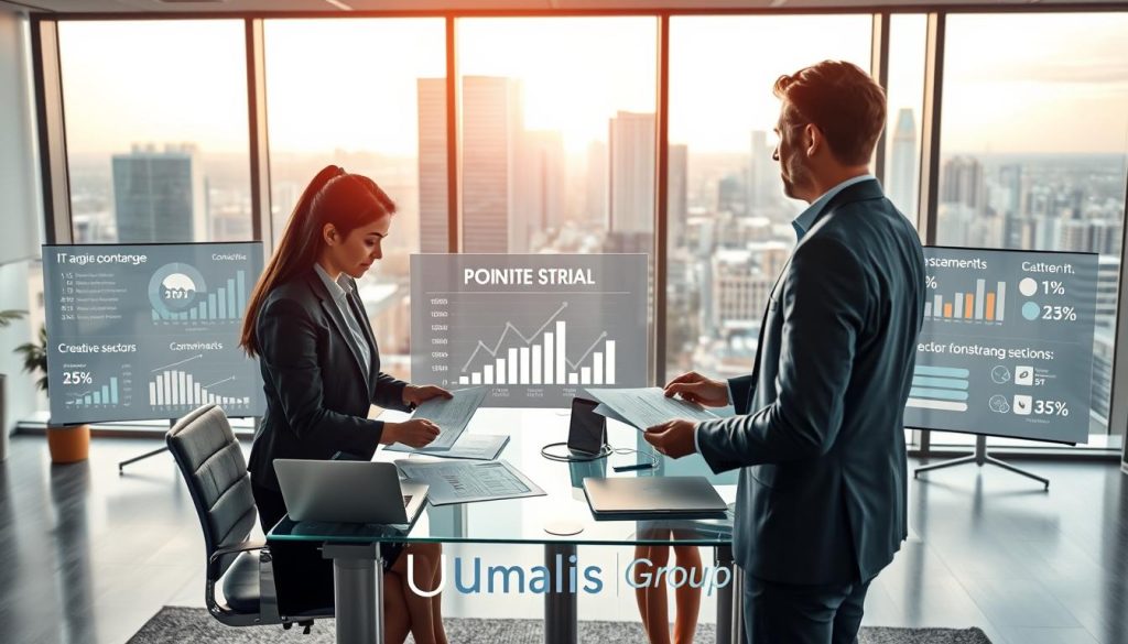 A professional workspace illustrating the concept of "portage salarial." In the foreground, two individuals in business attire engage in a discussion over contracts and documents, symbolizing collaboration and opportunity. The middle ground features a modern office setting with a glass desk, laptops, and digital screens displaying graphs and statistics related to various industries ideal for portage salarial, such as IT, consulting, and creative sectors. The background presents a cityscape through a large window, showcasing a vibrant urban environment. Soft, natural lighting filters through the window, creating a motivational and inspiring atmosphere. The image subtly incorporates the brand name "Umalis Group" into the workspace decor, emphasizing professionalism.