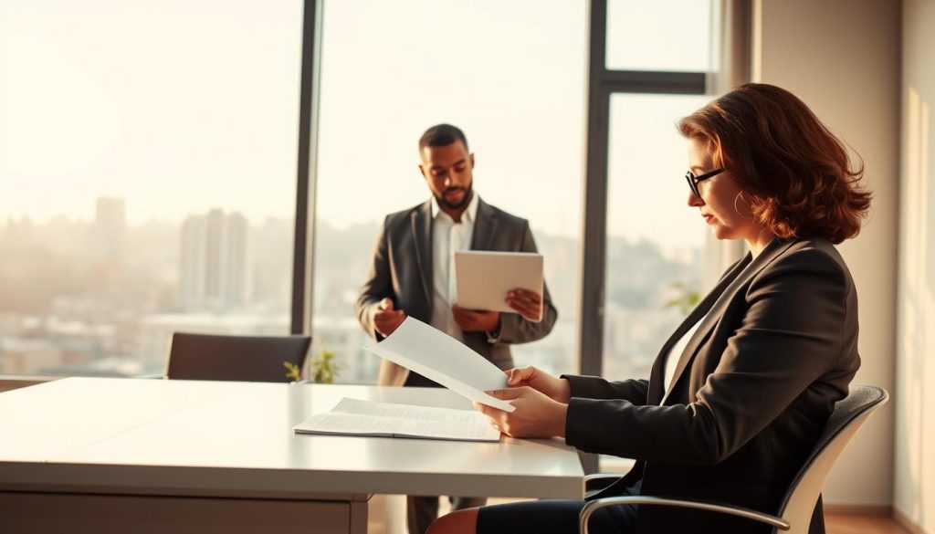 A professional workspace illustrating the concept of "statut juridique" in France, featuring a diverse group of independent workers. In the foreground, a middle-aged woman of Mediterranean descent is reviewing legal documents at a clean, modern desk, dressed in professional business attire. In the middle, a young man of African descent stands beside her, holding a laptop and discussing implications with her; he is also in business attire. In the background, a large window reveals a cityscape, suggesting a bustling urban environment. Soft, natural lighting filters through the window, creating a warm and inviting atmosphere. The composition emphasizes focus and collaboration, while the overall mood reflects professionalism and the complexity of legal considerations for independent workers. A professional workspace illustrating the concept of "statut juridique" in France, featuring a diverse group of independent workers. In the foreground, a middle-aged woman of Mediterranean descent is reviewing legal documents at a clean, modern desk, dressed in professional business attire. In the middle, a young man of African descent stands beside her, holding a laptop and discussing implications with her; he is also in business attire. In the background, a large window reveals a cityscape, suggesting a bustling urban environment. Soft, natural lighting filters through the window, creating a warm and inviting atmosphere. The composition emphasizes focus and collaboration, while the overall mood reflects professionalism and the complexity of legal considerations for independent workers.
