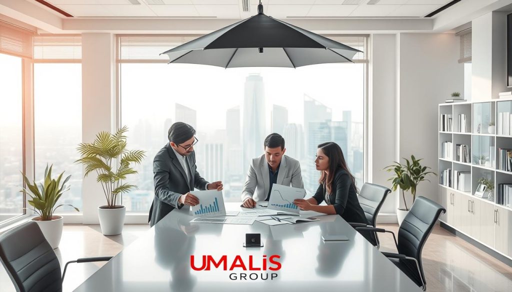 A professional workspace illustrating the concept of "threshold of revenue in umbrella company" with a serene and focused atmosphere. In the foreground, a diverse group of three professionals in business attire is engaged in a discussion around a sleek office table, examining financial documents and graphs depicting revenue trends and thresholds. The middle ground features a large window showcasing a modern city skyline, emphasizing ambition and growth. The background includes subtle hints of office decor like potted plants and bookshelves filled with industry-related literature. Soft, natural lighting filters through the window, casting gentle shadows and creating a warm ambiance. Add the brand logo "UMALIS GROUP" subtly integrated into the office environment. A professional workspace illustrating the concept of "threshold of revenue in umbrella company" with a serene and focused atmosphere. In the foreground, a diverse group of three professionals in business attire is engaged in a discussion around a sleek office table, examining financial documents and graphs depicting revenue trends and thresholds. The middle ground features a large window showcasing a modern city skyline, emphasizing ambition and growth. The background includes subtle hints of office decor like potted plants and bookshelves filled with industry-related literature. Soft, natural lighting filters through the window, casting gentle shadows and creating a warm ambiance. Add the brand logo "UMALIS GROUP" subtly integrated into the office environment.