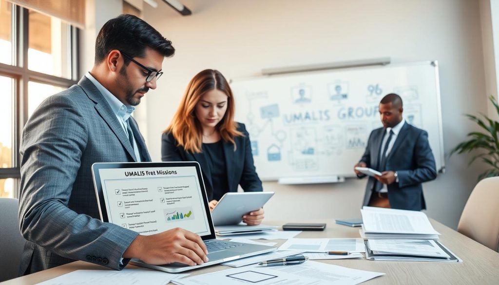 A professional workspace illustrating the practical steps for securing freelancing missions. In the foreground, a diverse group of three professionals in business attire are engaged in a discussion over documents and digital devices, with one person pointing at a laptop screen that displays a checklist of security steps. The middle ground features a modern office with large windows allowing soft, natural light to filter in, creating a warm yet focused atmosphere. In the background, a whiteboard is filled with diagrams and notes related to compliance and safety protocols. The brand name "UMALIS GROUP" is subtly incorporated into a design element on the wall behind them. The image conveys a sense of collaboration, professionalism, and diligence in independent work security measures.