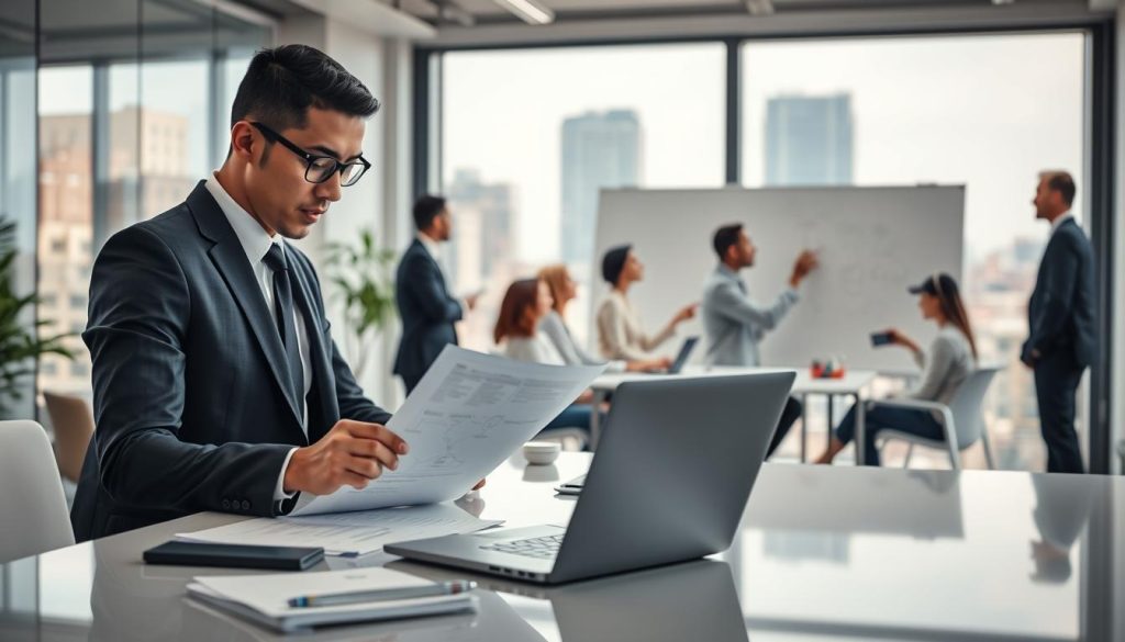 A professional workspace illustrating the steps to become a portage salarial consultant. In the foreground, a focused individual in business attire reviews documents on a sleek desk with a laptop, showcasing organizational skills and initiative. In the middle ground, a diverse group of professionals engaged in a brainstorming session, drawing diagrams on a whiteboard about consulting strategies. In the background, a large window reveals a bustling cityscape, symbolizing opportunities. Soft, natural lighting enhances the mood of inspiration and clarity, with a shallow depth of field focusing on the individual in the foreground. The atmosphere is dynamic yet calm, reflecting a supportive environment for independent professionals. Incorporate the brand name "UMALIS GROUP" subtly into the scene, such as on a business card or office stationery.