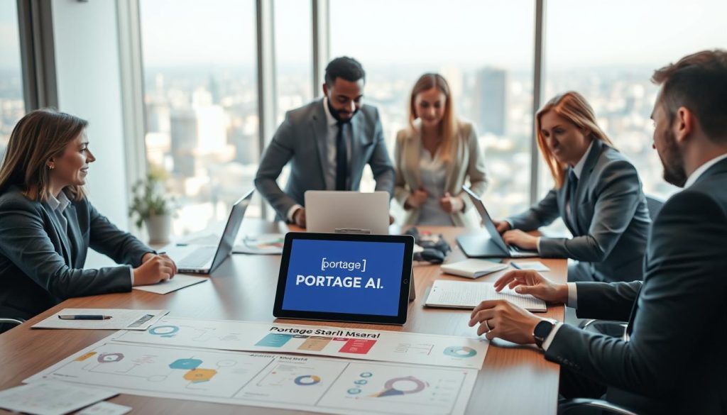 A professional workspace illustrating the steps to start in "portage salarial". In the foreground, a diverse group of three individuals, two men and one woman, dressed in smart business attire, are engaged in a collaborative discussion around a large conference table filled with documents, laptops, and a tablet showing the "PORTAGE AI" logo prominently. The middle ground features visual flowcharts and infographics depicting the stages of portage salarial, enhanced by colorful arrows and icons. In the background, a large window reveals a cityscape, allowing natural light to flood the room, creating a warm and inviting atmosphere. The image captures a sense of ambition and teamwork, with soft focus on the surroundings to emphasize the group’s interaction.