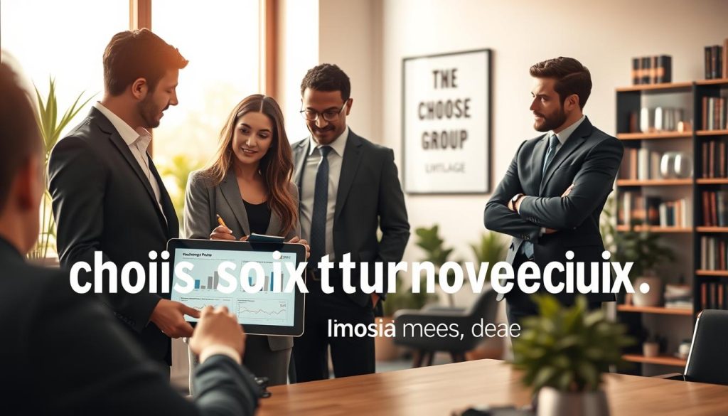 A professional workspace illustrating the theme "choix statut professionnel besoins." In the foreground, a diverse group of three individuals, one woman and two men, are engaged in discussion, each dressed in professional business attire. The woman holds a notepad, actively jotting down notes, while the men point towards a digital tablet displaying charts and graphs, symbolizing the different professional statuses of employees, independents, and portage. In the middle ground, a large window lets in warm, natural light, giving a serene ambiance and highlighting a modern office setting with plants and sleek furniture. The background features a soft-focus bookshelf filled with industry books and a motivational poster that reads "Choose Your Path." The overall mood is one of empowerment and collaboration, reflecting the thoughtful decision-making process. Umalis Group branding subtly integrated into the digital tablet screen.