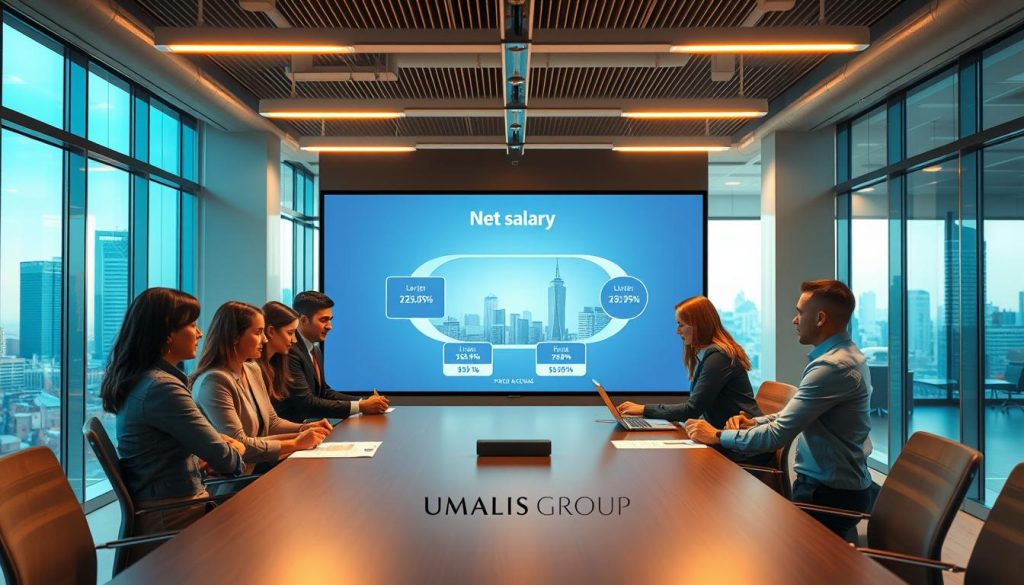 A professional workspace illustrating the transition from revenue to net salary in a portage salarial setting. In the foreground, a diverse group of business professionals dressed in smart casual attire are analyzing financial charts and discussing figures around a modern conference table. The middle ground features a large interactive digital screen displaying a flowchart that visually represents the process of converting gross income to net salary, with arrows and percentages. In the background, a bright, open office with large windows showcasing a cityscape, creating an optimistic atmosphere. The lighting is warm and inviting, emanating from overhead fixtures, enhancing a collaborative mood. Include the subtle logo of "UMALIS GROUP" on the conference table, ensuring it remains discreet.