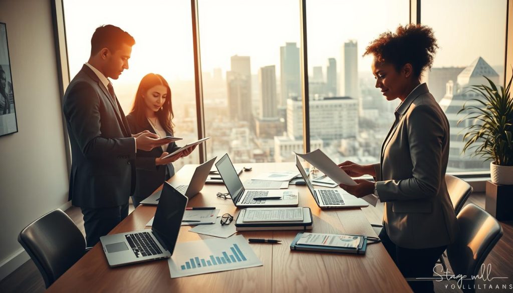 A professional workspace interior showcasing expertise in "portage salarial." In the foreground, a diverse group of three individuals, dressed in smart business attire, engaged in a collaborative discussion over documents and digital devices. The middle layer features a sleek wooden table covered with laptops, charts, and notebooks, illustrating the qualifications and metrics relevant to portage salarial. In the background, a large window allows natural light to pour in, illuminating a cityscape beyond, symbolizing the contemporary work environment. The mood is focused and productive, emphasizing teamwork and professionalism. The lighting is warm and inviting, promoting an atmosphere of innovation and competence. A professional workspace interior showcasing expertise in "portage salarial." In the foreground, a diverse group of three individuals, dressed in smart business attire, engaged in a collaborative discussion over documents and digital devices. The middle layer features a sleek wooden table covered with laptops, charts, and notebooks, illustrating the qualifications and metrics relevant to portage salarial. In the background, a large window allows natural light to pour in, illuminating a cityscape beyond, symbolizing the contemporary work environment. The mood is focused and productive, emphasizing teamwork and professionalism. The lighting is warm and inviting, promoting an atmosphere of innovation and competence.