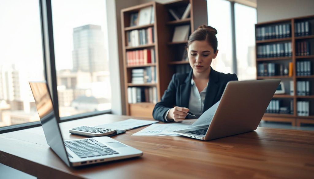 A professional workspace portraying the concept of "deductions for professional expenses in salary portage." In the foreground, a sleek wooden desk with a laptop, open tax documents, and a calculator, all neatly arranged. A focused businesswoman in professional attire sits at the desk, analyzing paperwork with a thoughtful expression. In the middle ground, a bookshelf filled with financial and tax-related books, subtly blurred to emphasize the subject. In the background, a large window revealing a cityscape, casting soft, warm daylight into the room, creating an inviting atmosphere. The overall mood is one of concentration and professionalism, underscoring the advantages of fiscal benefits in salary portage. Use a portrait orientation to highlight the vertical elements of the scene.