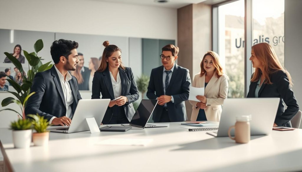 A professional workspace portraying the theme of administrative simplicity and social coverage in the context of portage salarial. In the foreground, a diverse group of consultants in business attire is engaged in discussion, with laptops and documents on a sleek desk. The middle ground features a large window allowing natural light to flood the room, highlighting the modern office decor. Plants add a touch of greenery. The background shows a supportive environment with images of teamwork and collaboration. The atmosphere is bright and motivating, conveying ease and efficiency in administrative processes. Include subtle branding of "Umalis Group" on an office wall. Use soft lighting to enhance the welcoming mood, shot at a slight angle to create depth. A professional workspace portraying the theme of administrative simplicity and social coverage in the context of portage salarial. In the foreground, a diverse group of consultants in business attire is engaged in discussion, with laptops and documents on a sleek desk. The middle ground features a large window allowing natural light to flood the room, highlighting the modern office decor. Plants add a touch of greenery. The background shows a supportive environment with images of teamwork and collaboration. The atmosphere is bright and motivating, conveying ease and efficiency in administrative processes. Include subtle branding of "Umalis Group" on an office wall. Use soft lighting to enhance the welcoming mood, shot at a slight angle to create depth.